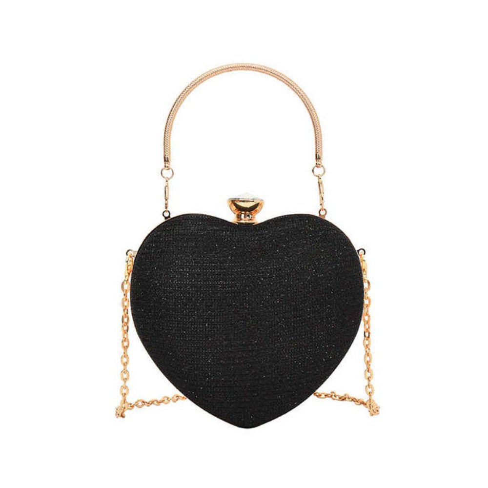 Heart Shaped Evening Purse Velvet Clutch Purse Solid Evening Bag, chain diamond